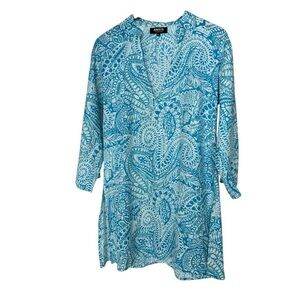ANAYA Women's XL Blue Paisley Tunic Dress V-Neck Long Sleeve Casual Cotton Beach